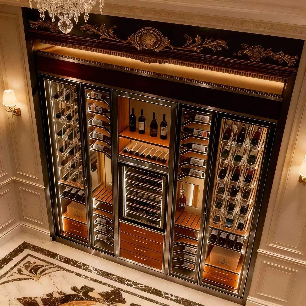 Gabinete de almacenamiento de vino de lujo moderno personalizado de acero inoxidable con exhibición de acrílico y metal