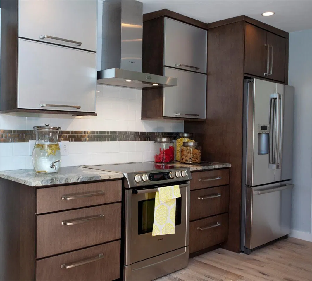 Diseños de gabinetes de cocina modernos, gabinetes de acero inoxidable, gabinete de acero, fregadero de cocina