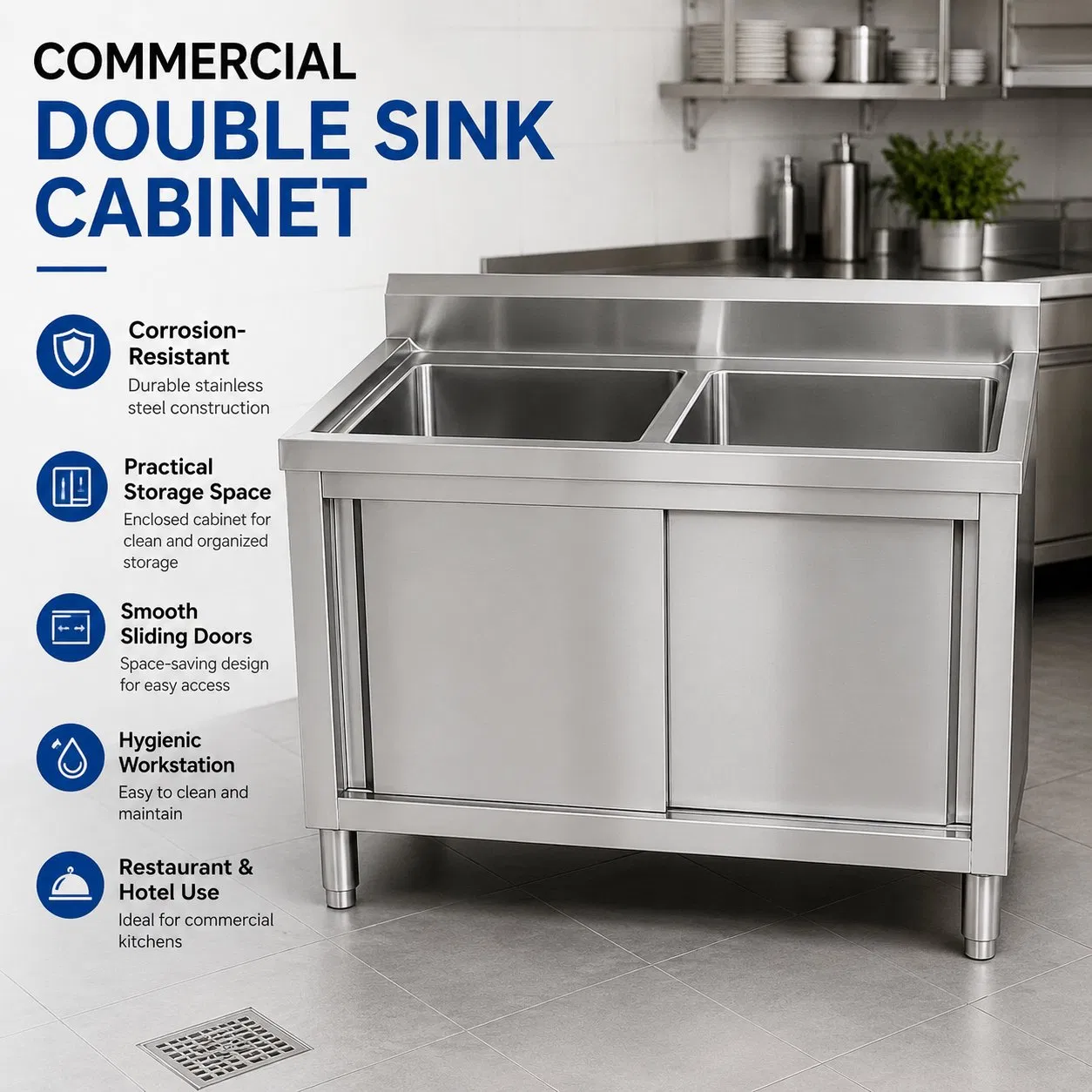 304 Gabinete de Doble Fregadero de Acero Inoxidable con Puertas Correderas para Cocina de Restaurante Comercial Fregadero de Acero Inoxidable