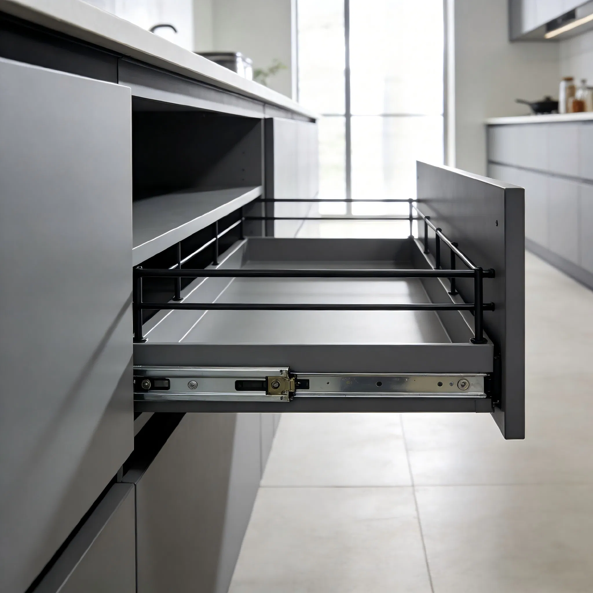 Mueble de cocina de melamina sostenible con chapa de madera, armario de acero inoxidable sin marco Anbangni
