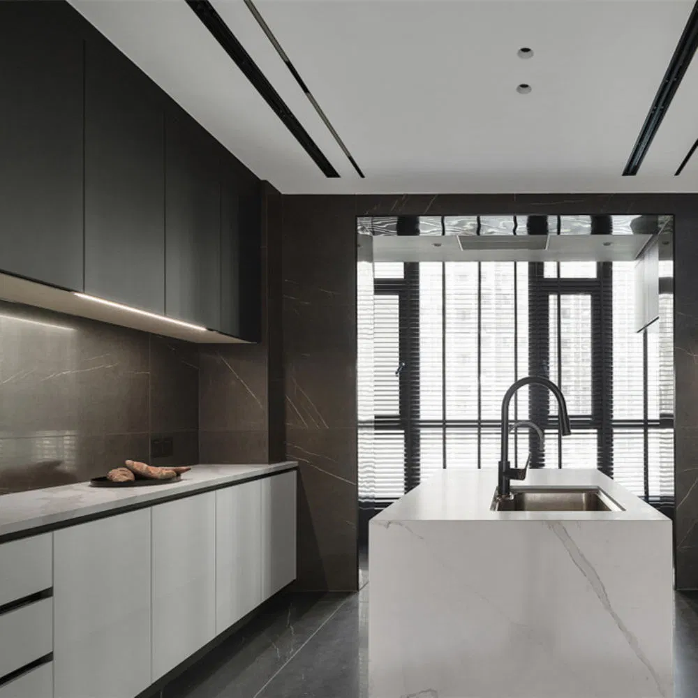 Conjunto de armarios de cocina de laca a medida en forma de U con armario de pared, unidad de cocina modular de contrachapado
