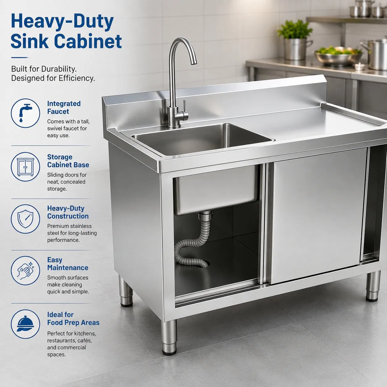 201/304 Gabinete de fregadero de acero inoxidable con puertas corredizas para procesamiento de alimentos cocina comercial gabinete de fregadero de acero inoxidable