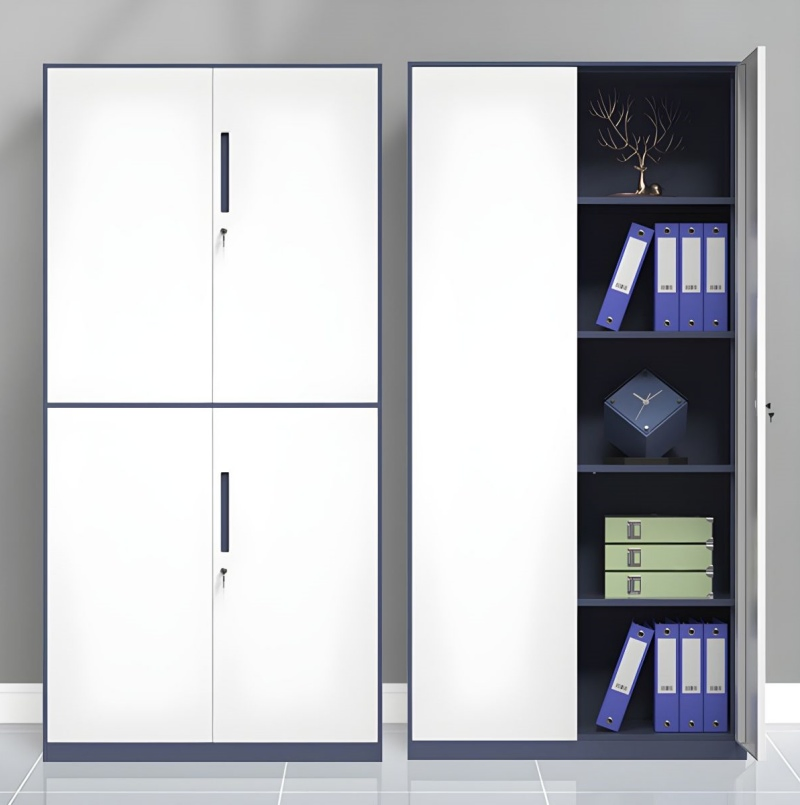 Armario de archivo alto de acero con doble puerta y cerradura de dos tonos 4-Panel con dos cerraduras separadas y largas manijas verticales, almacenamiento independiente superior e inferior