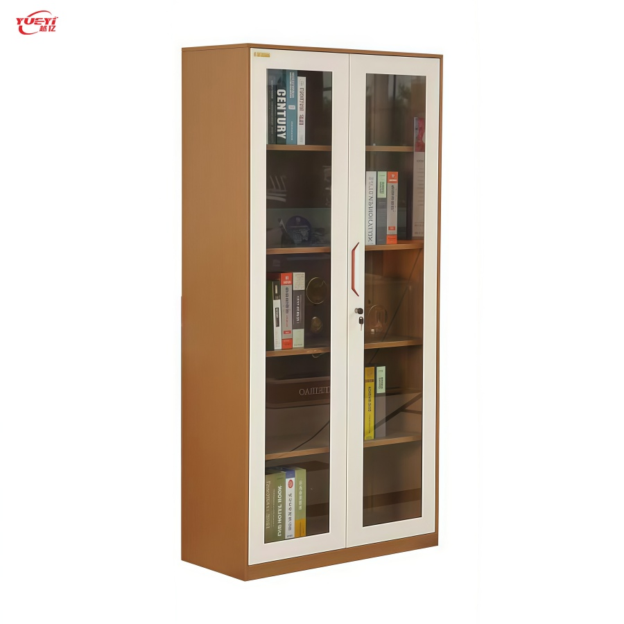 Armario de archivo metálico de doble puerta de vidrio en dos tonos, alto, con estantes interiores ajustables flexibles, almacenamiento práctico y llave individual para documentos de oficina y escuela