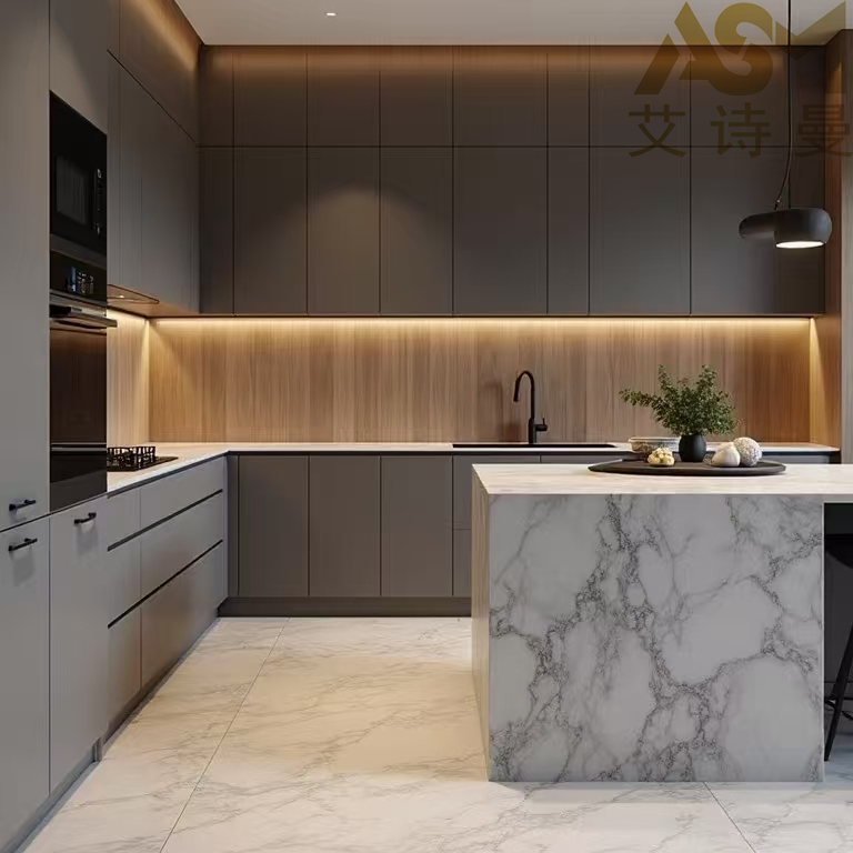 Asm Calidez Duradera Anti Humedad Pino Personalizado Fábrica Directa - Fusión de Madera y Acero Inoxidable Isla de Cocina al Por Mayor Gabinetes de Cocina Modernos Brillantes