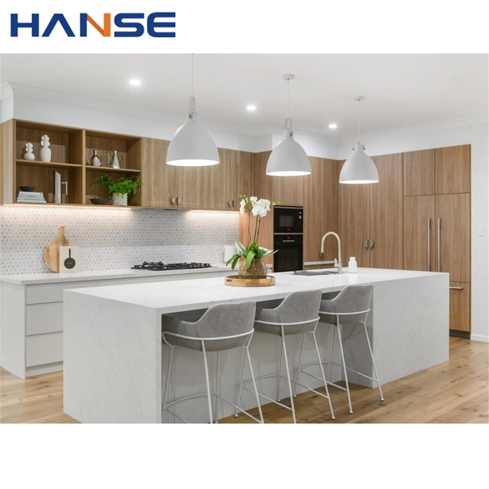 Gabinete de cocina de acero inoxidable de alta gama y alto brillo personalizado con forma de L y isla, y gabinete de pared con elevación automática