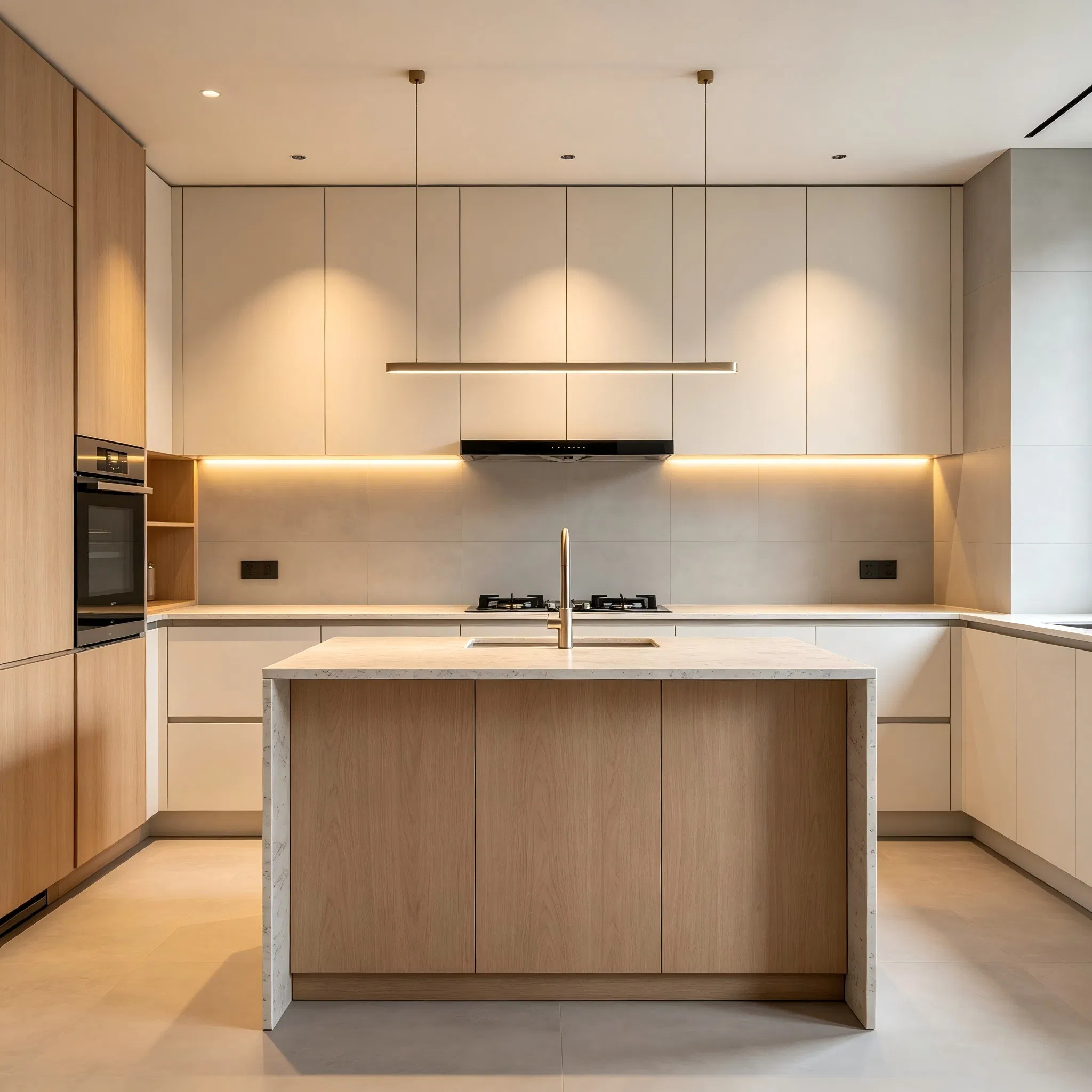 Mueble de cocina de melamina con chapa de madera, bien construido, acero inoxidable, anti moho, Anbangni