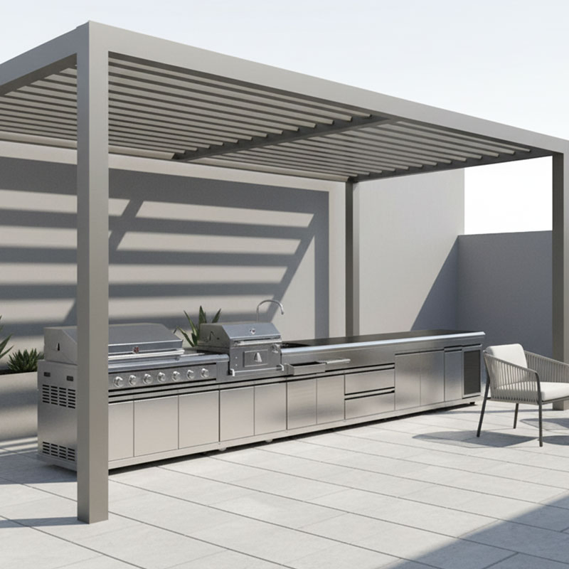 Isla de cocina exterior hecha a medida con gabinete de acero inoxidable y parrilla BBQ