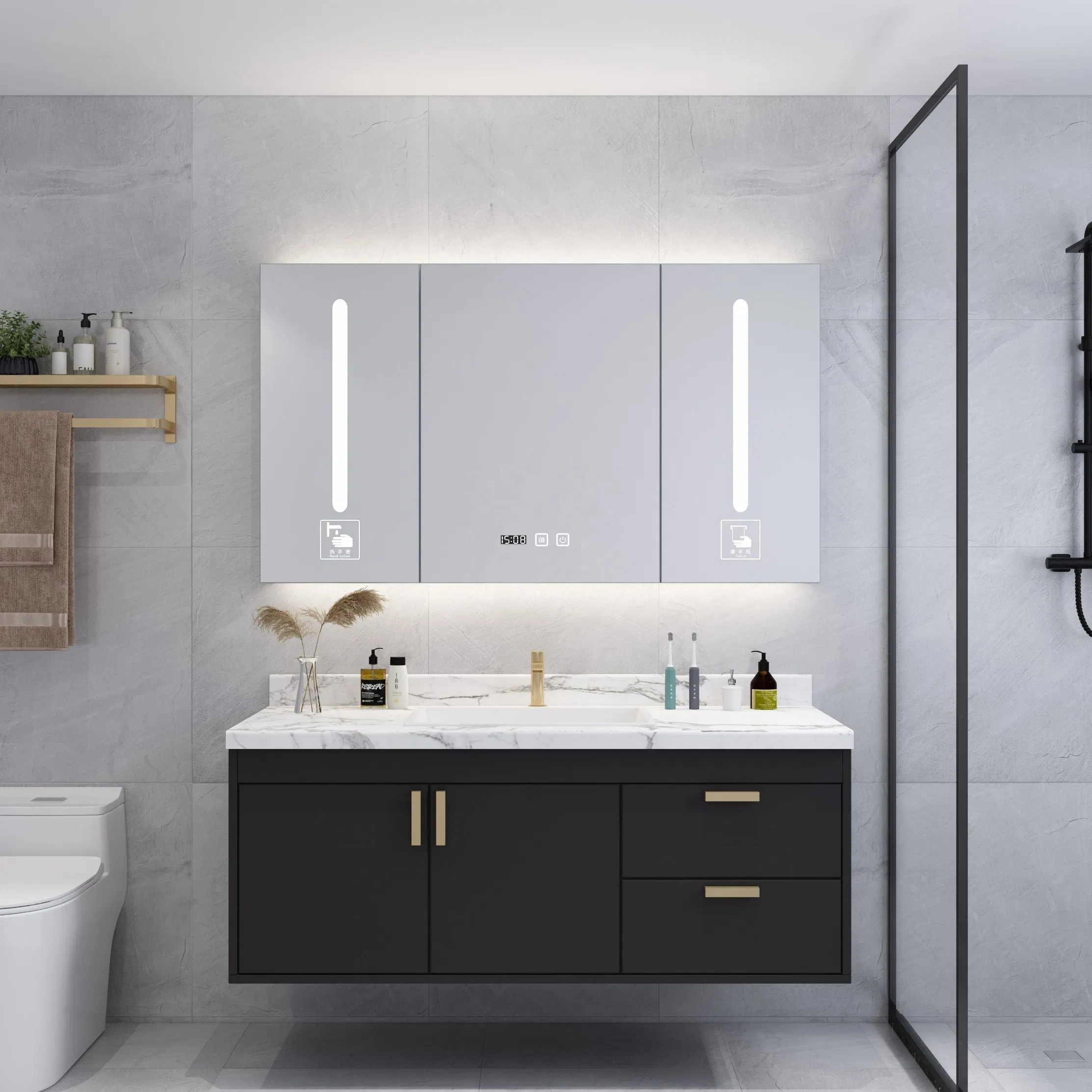 Gabinetes de baño pequeños de acero inoxidable montados en la pared modernos con lavabo