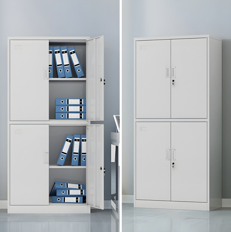 Armario de archivo alto de acero con doble puerta y cerradura de dos tonos 4-Panel con dos cerraduras separadas y largas manijas verticales, almacenamiento independiente superior e inferior