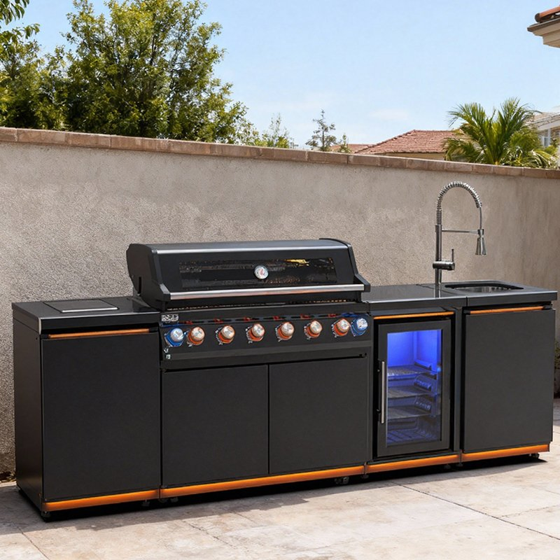 Cocina exterior a medida con gabinete de acero inoxidable y parrilla de gas