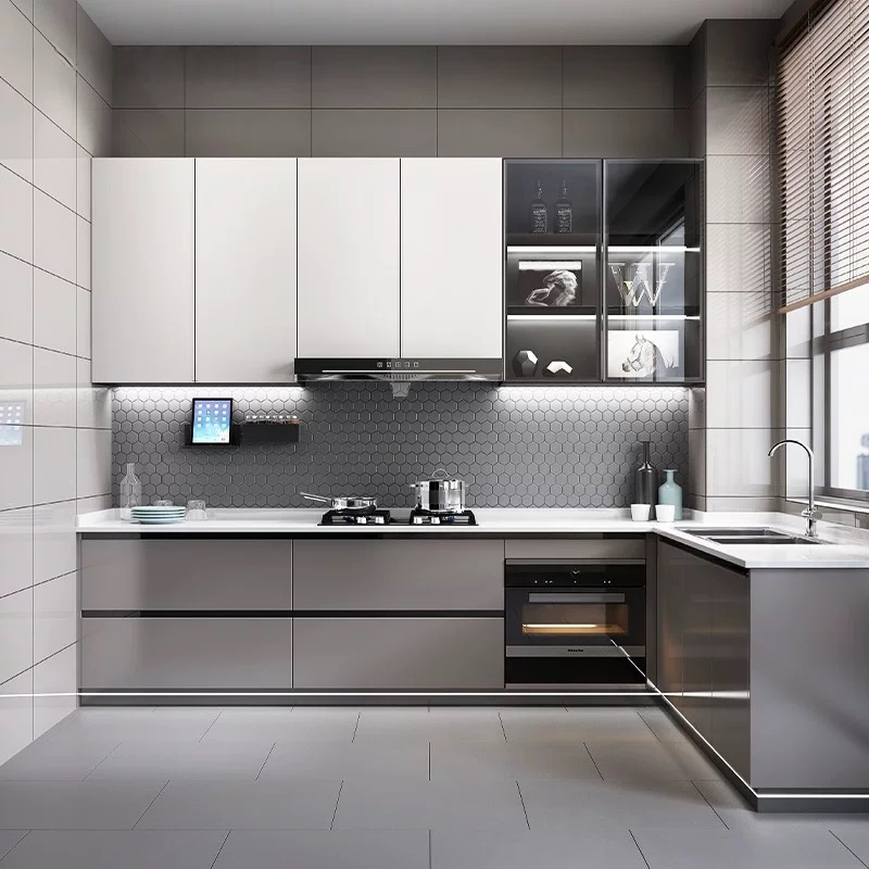 Muebles de cocina de isla de acero inoxidable y contrachapado de lujo para villa, apartamento y hotel
