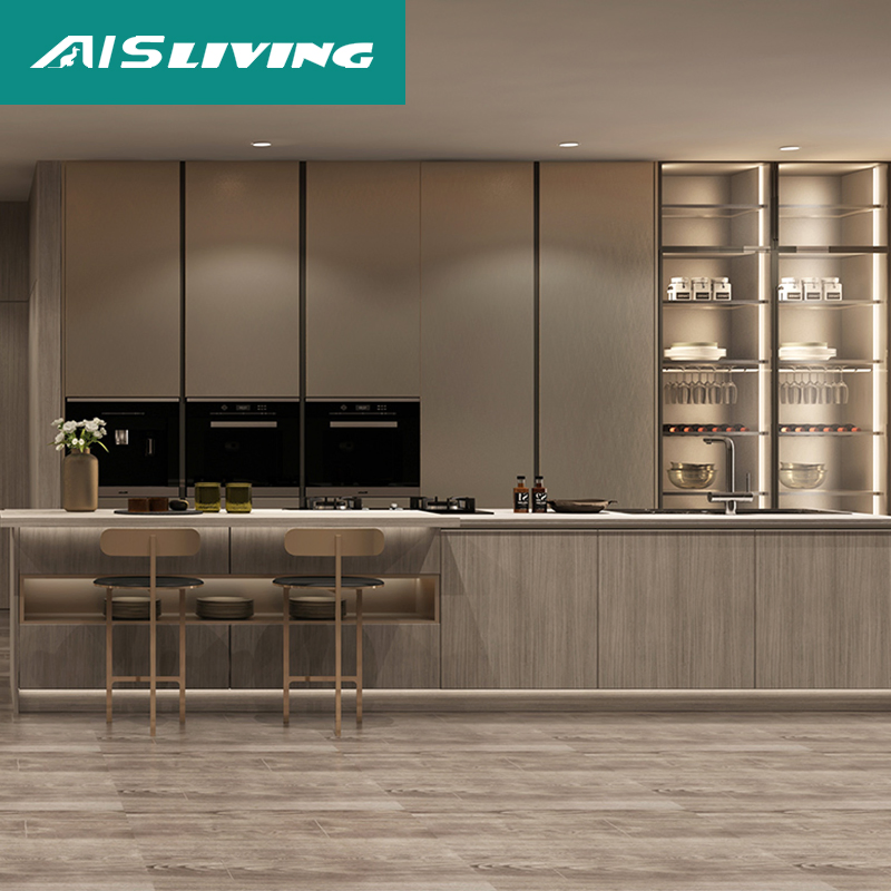 Conjunto de Muebles de Cocina de Carpintería Personalizada Diseño Moderno de Gabinetes de Cocina de Aluminio con Marco de Vidrio en Acero Inoxidable