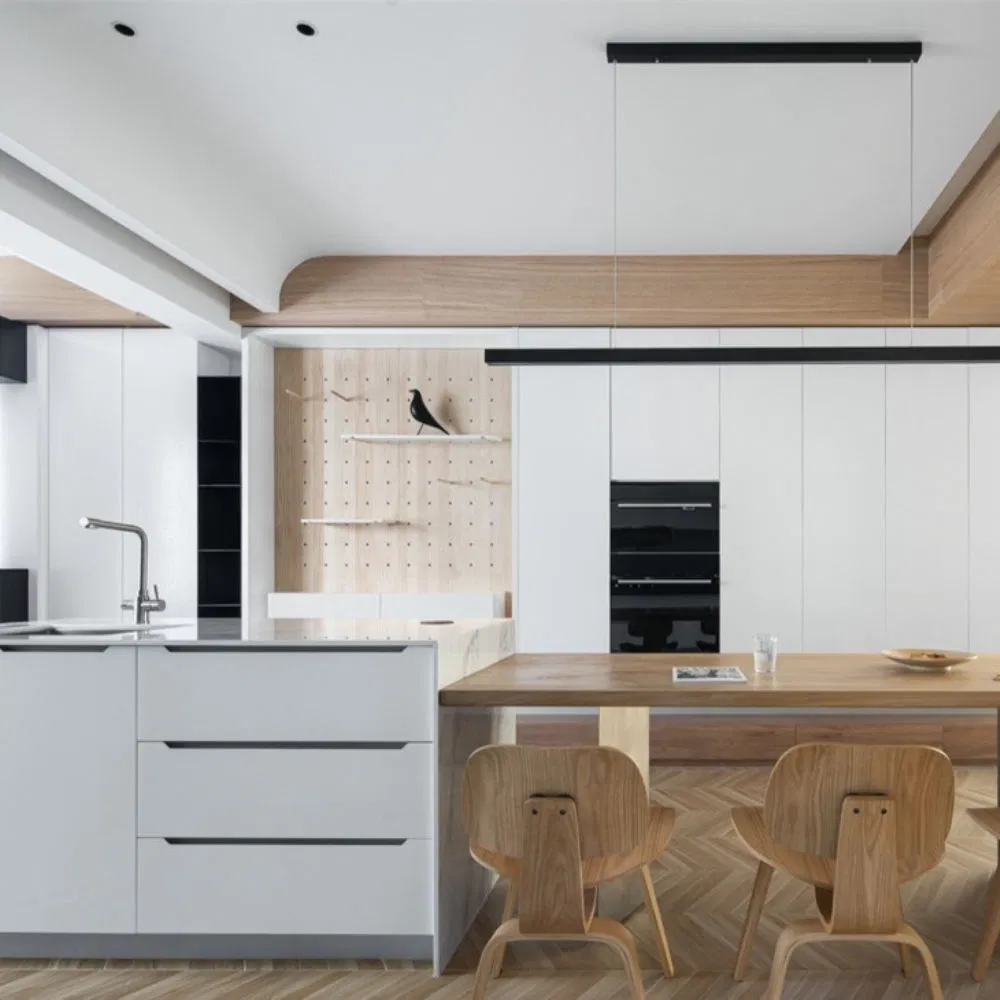 Conjunto de armarios de cocina de laca a medida en forma de U con armario de pared, unidad de cocina modular de contrachapado
