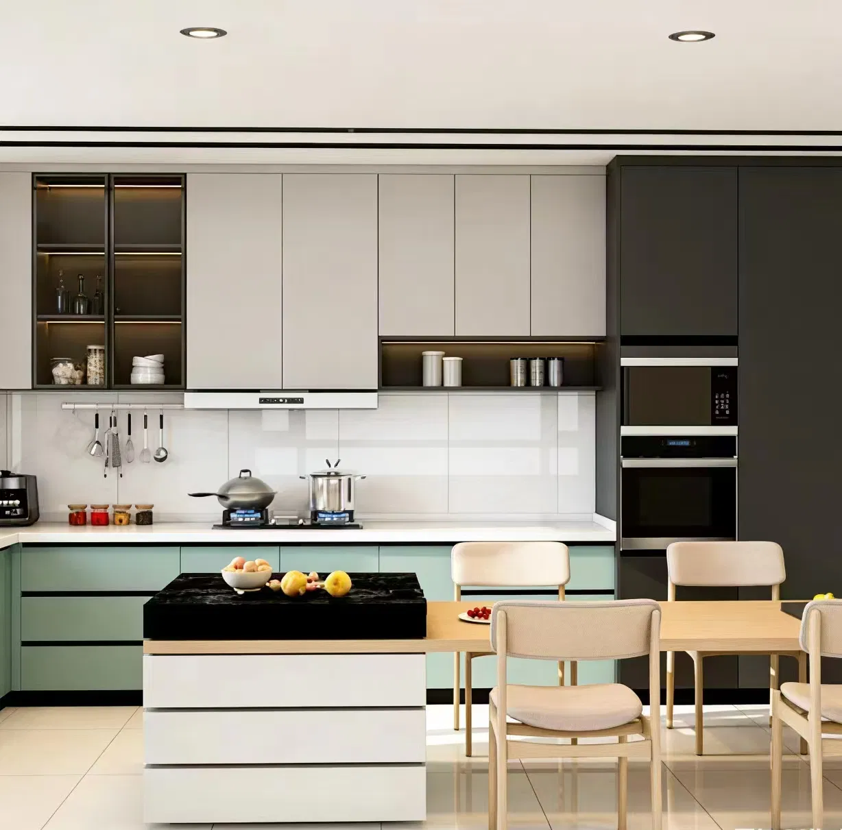 Gabinete de cocina comercial moderno de melamina y acero inoxidable personalizado