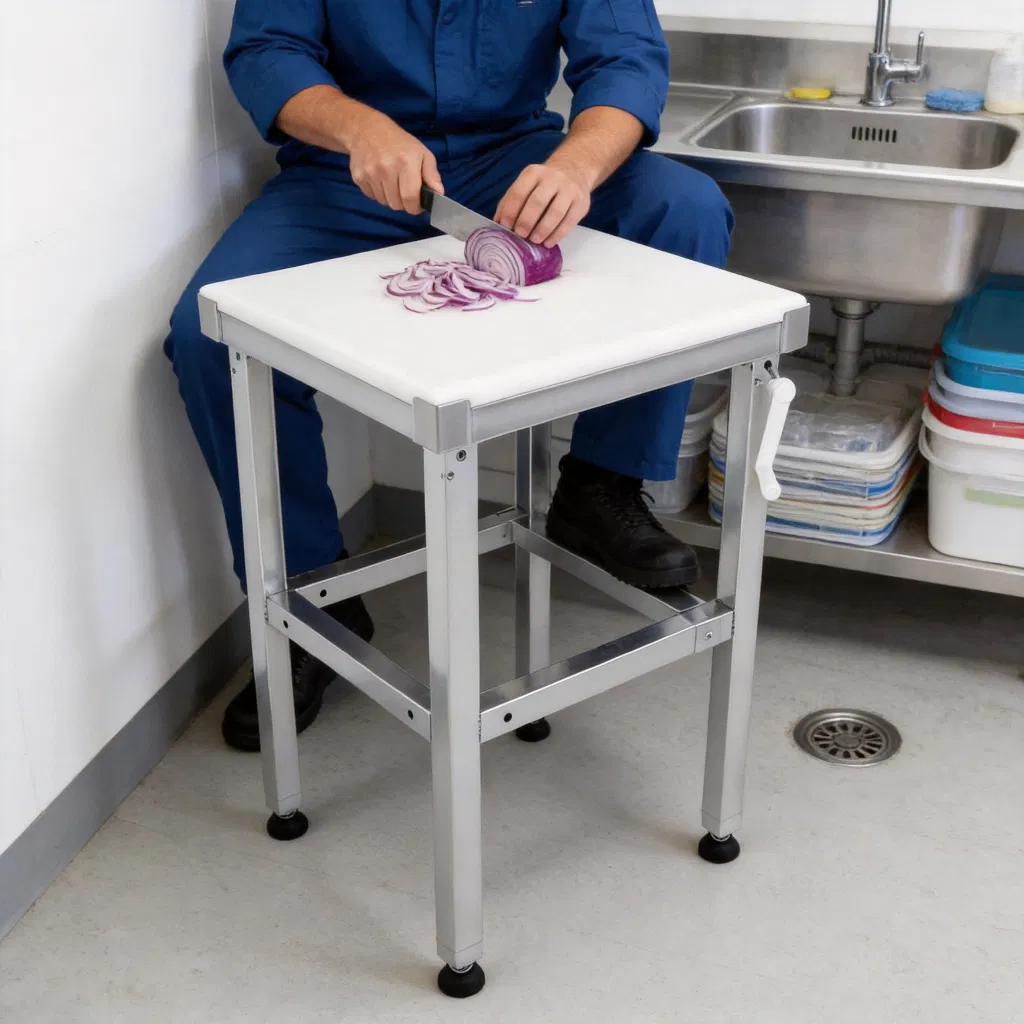 Solución de almacenamiento para tabla de cortar de acero inoxidable ajustable en altura