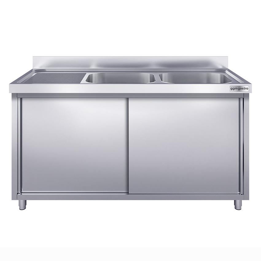 Mueble de cocina comercial OEM, lavavajillas de acero inoxidable con dos fregaderos a la derecha