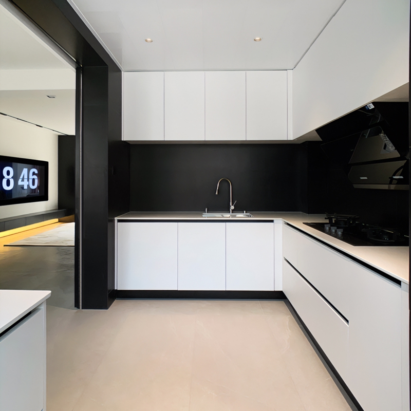 Gabinetes de cocina modulares de panel plano gris personalizado de Foshan, muebles modernos, nuevo diseño, gabinete de cocina de acero inoxidable y PVC, fabricado en China
