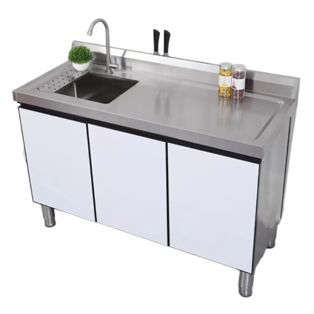 Estación de trabajo de cocina personalizada profesional con fregadero de acero inoxidable y patas ajustables