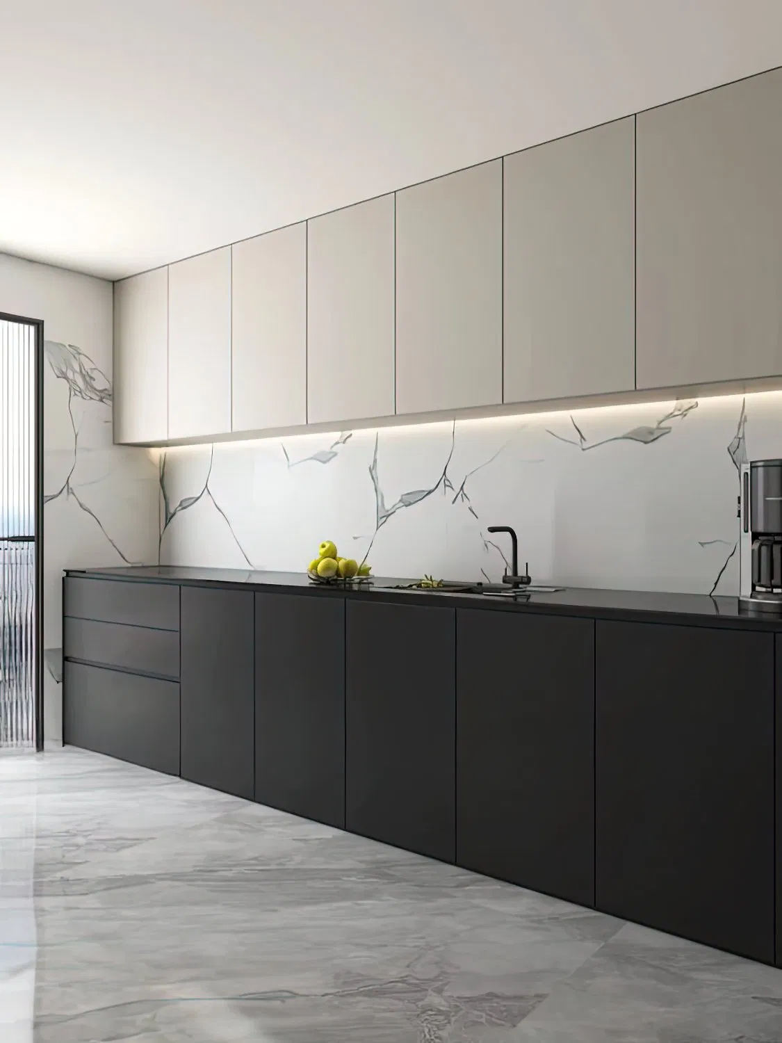 Gabinetes de cocina modernos y elegantes en negro con encimeras duraderas