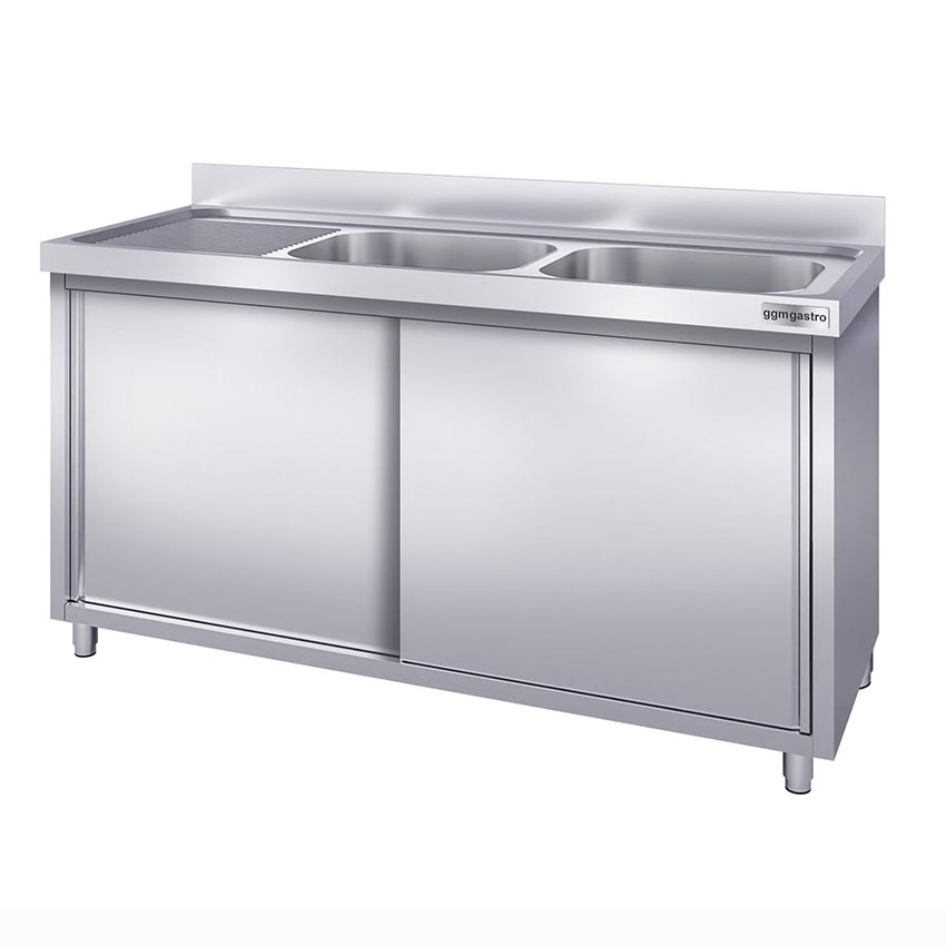 Mueble de cocina comercial OEM, lavavajillas de acero inoxidable con dos fregaderos a la derecha
