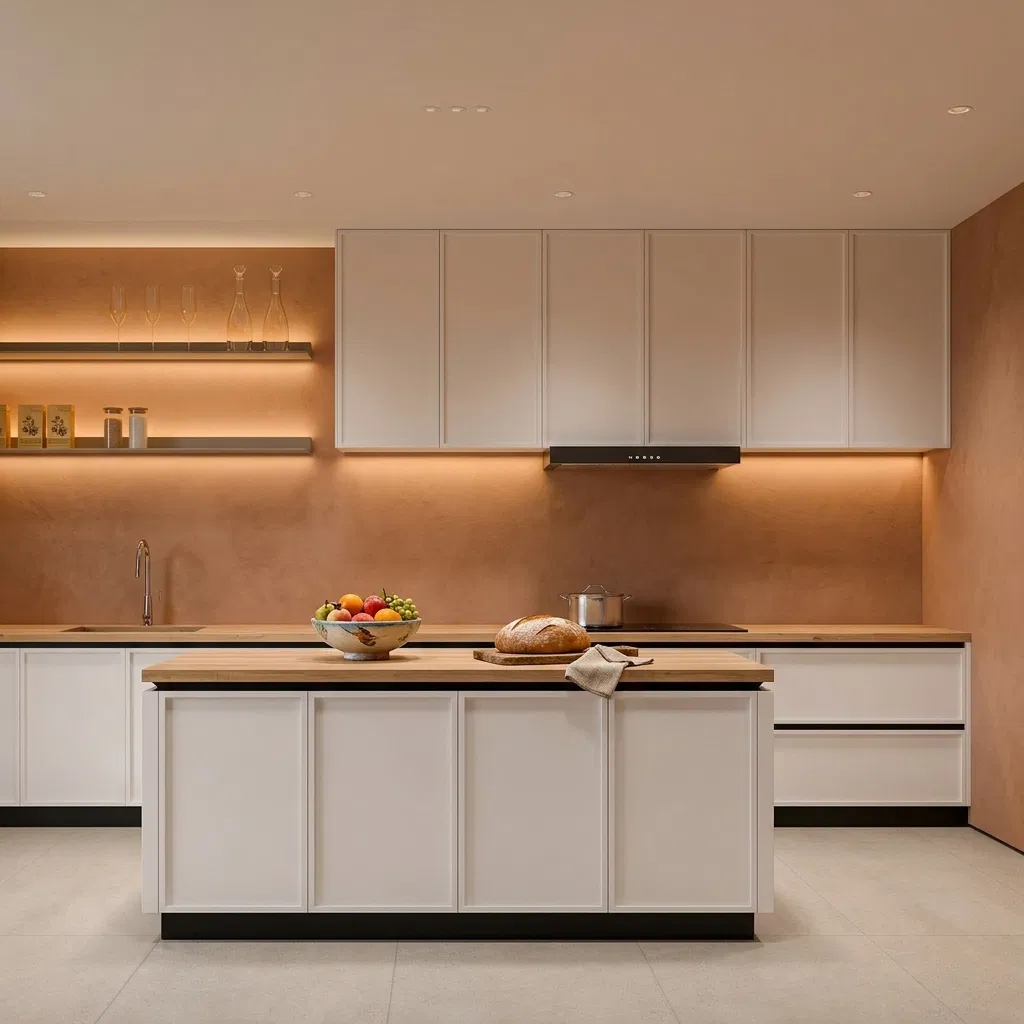 Gabinetes de cocina modernos de madera maciza con paneles, salpicadero de granito y diseño impermeable, muebles de cocina personalizados