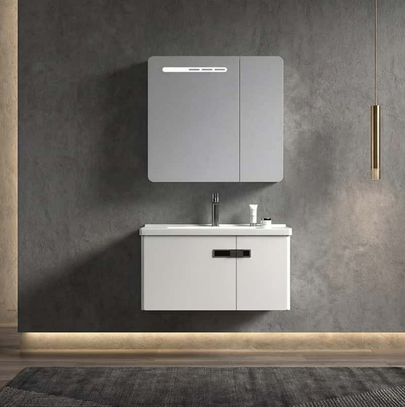 Armario de baño con espejo de acero inoxidable minimalista y resistente a la corrosión con mango integrado