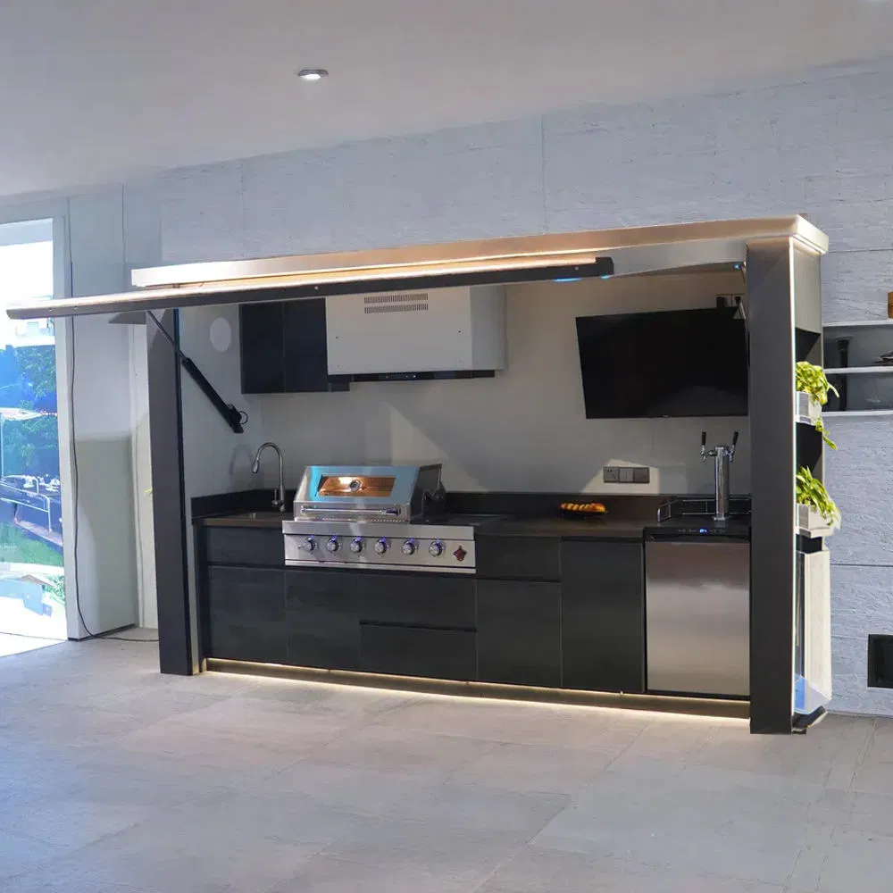 Gabinete de cocina exterior de acero inoxidable premium con puerta eléctrica, muebles de exterior, casa de piscina con gabinete de cocina de acero inoxidable para parrilla de gas BBQ