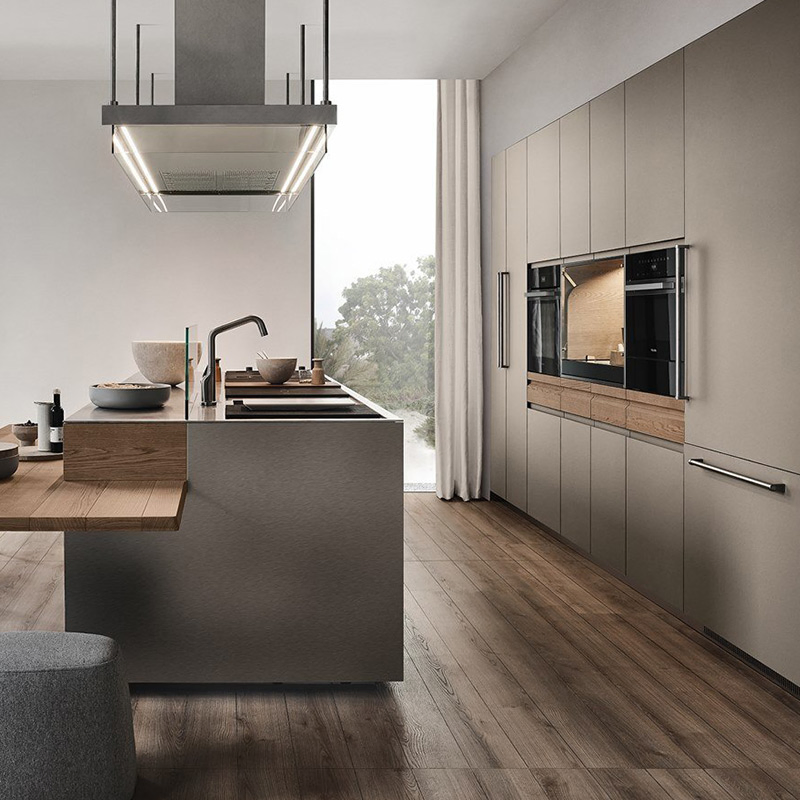 Diseño de sala de estar moderna, muebles de cocina modular de lujo en acero inoxidable y madera maciza