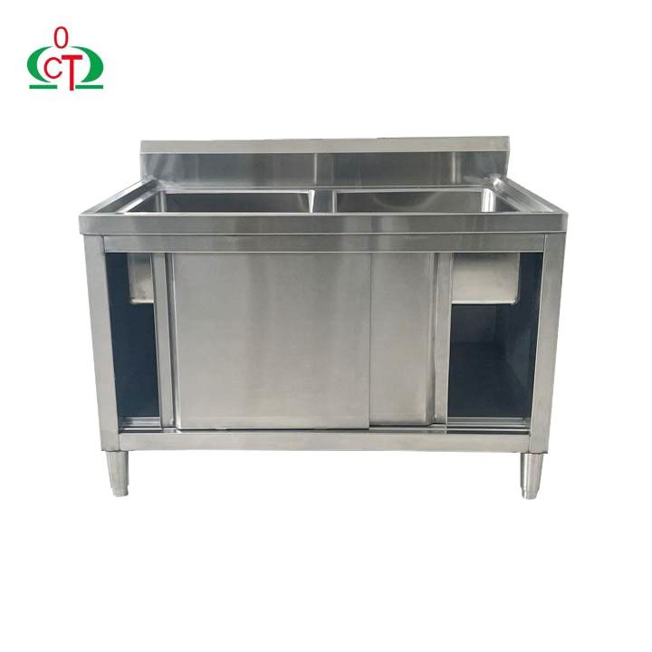 304 Gabinete de Doble Fregadero de Acero Inoxidable con Puertas Correderas para Cocina de Restaurante Comercial Fregadero de Acero Inoxidable
