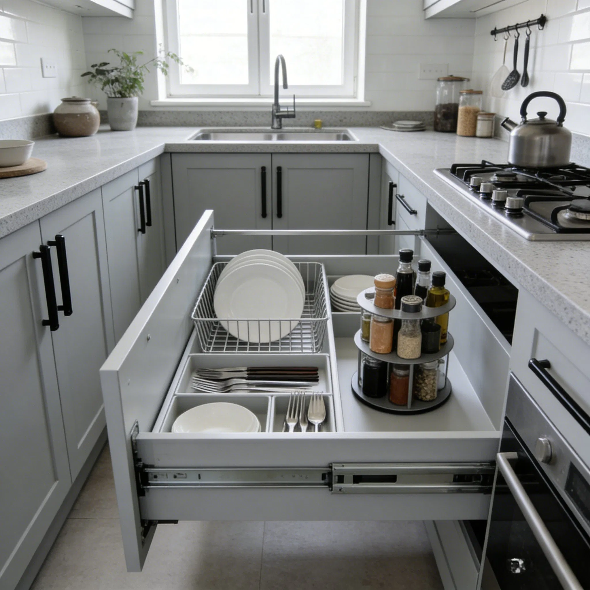 Gabinetes de cocina modernos en gris oscuro con acentos de acero inoxidable, encimera de mármol e isla
