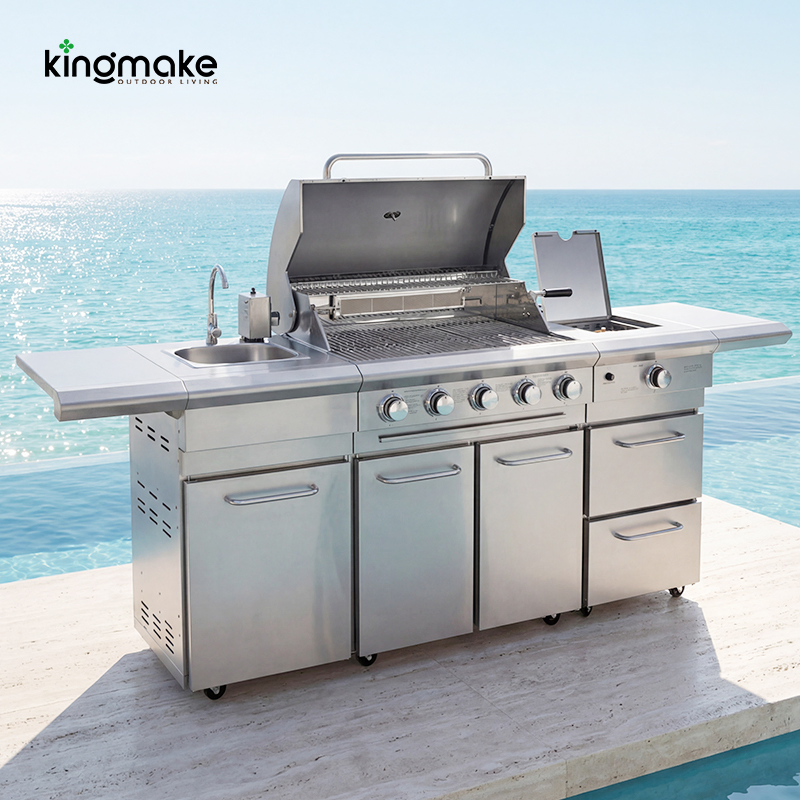 Proveedor de parrillas de isla de cocina al aire libre personalizada de acero inoxidable moderno, muebles de jardín impermeables
