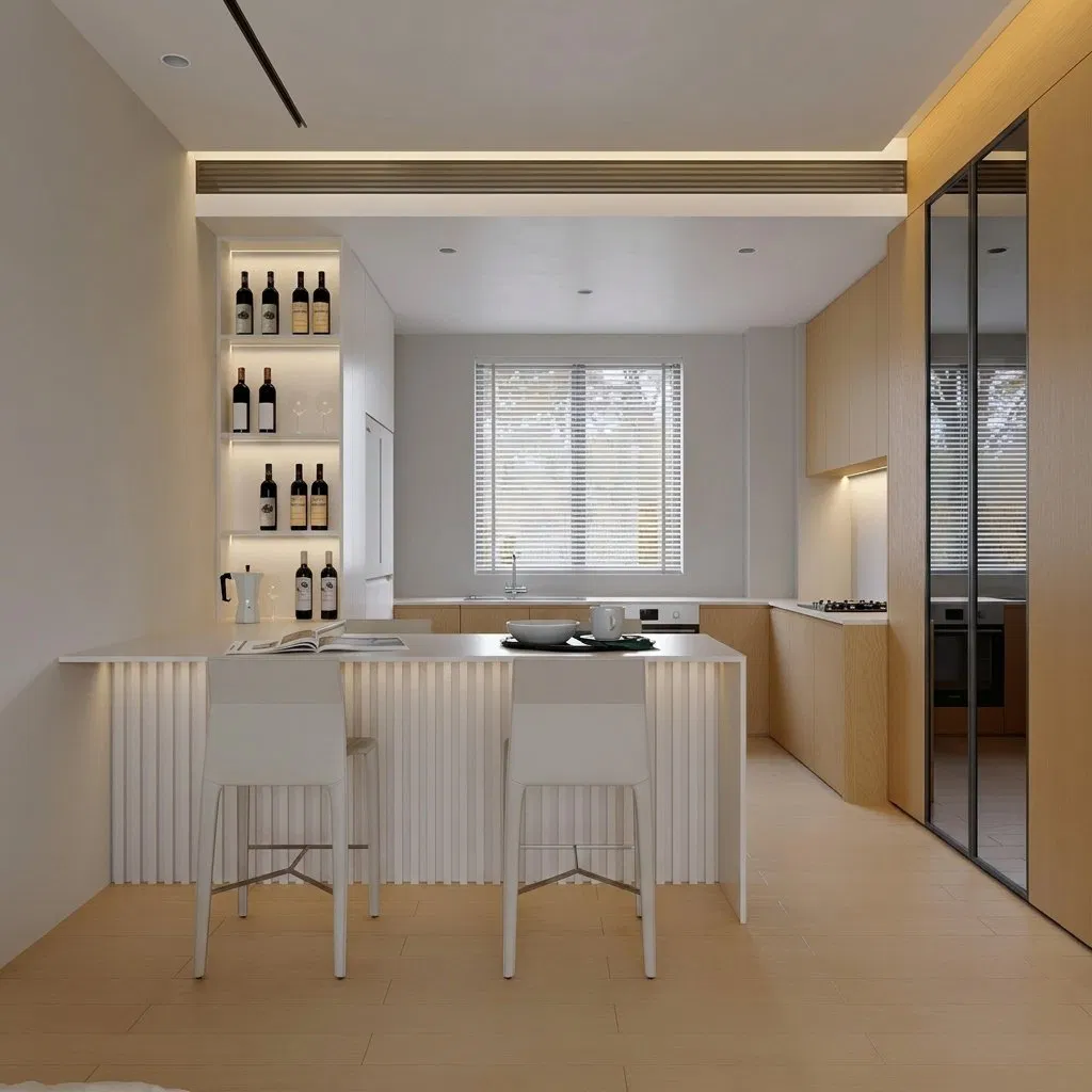 Gabinetes de cocina modulares modernos de madera maciza con paneles, tablero de melamina, salpicadero de granito, diseño impermeable, muebles de cocina personalizados
