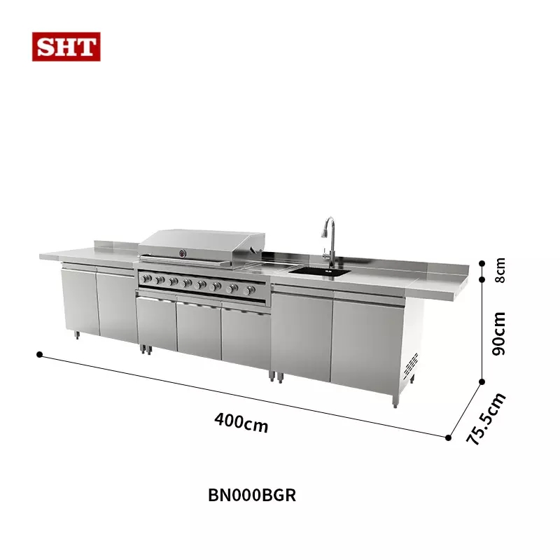 Isla de BBQ Fregadero de Acero Inoxidable Parrilla de Gas Mueble de Cocina Exterior con Refrigerador Integrado
