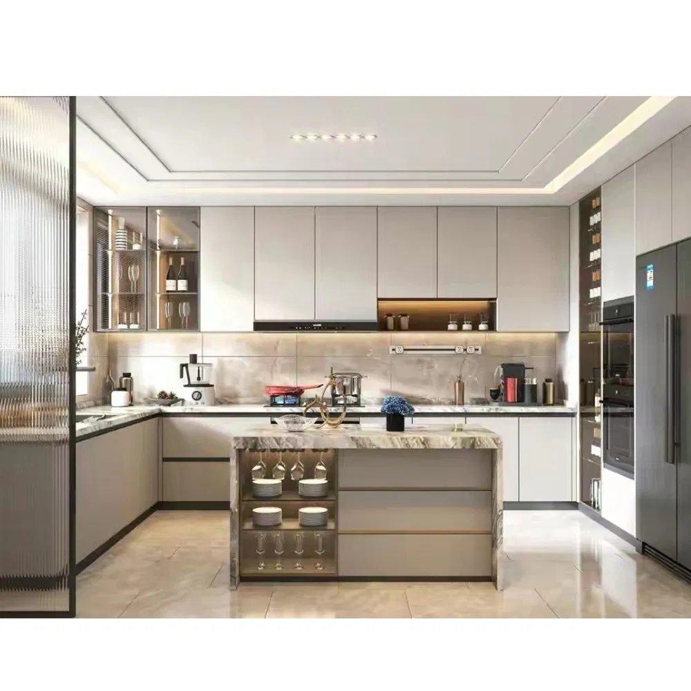 Gabinete de cocina de acero inoxidable con frigorífico alto