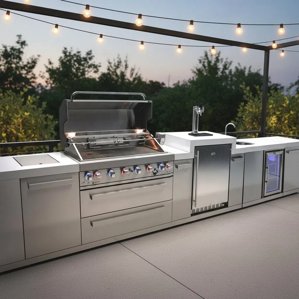 Gabinete de cocina BBQ modular exterior de acero inoxidable, resistente a la intemperie, a la corrosión y duradero para áreas de cocina en jardín y patio