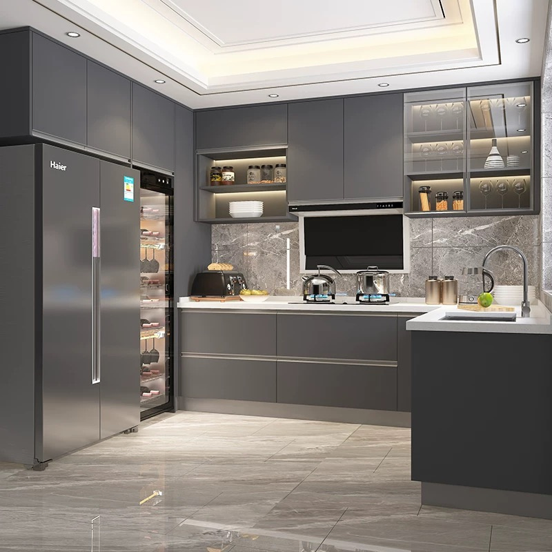Muebles de cocina de isla de acero inoxidable y contrachapado de lujo para villa, apartamento y hotel