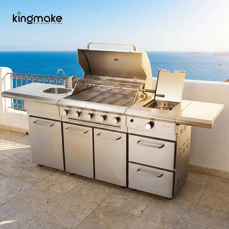 Proveedor de parrillas de isla de cocina al aire libre personalizada de acero inoxidable moderno, muebles de jardín impermeables