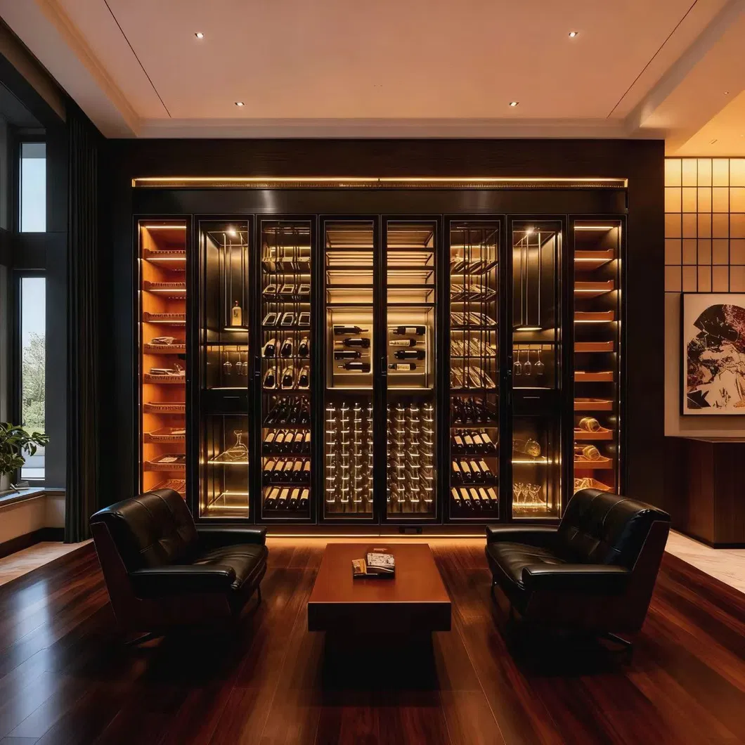 Gabinete de almacenamiento de vino de lujo moderno personalizado de acero inoxidable con exhibición de acrílico y metal