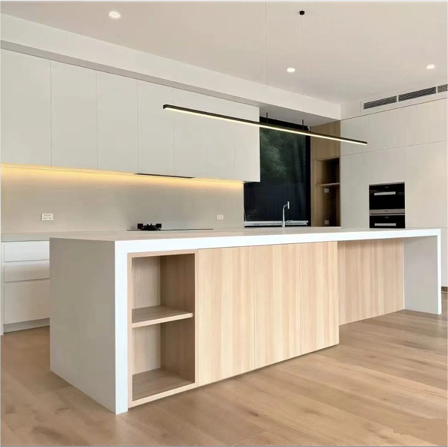 Gabinete de cocina de lujo de madera italiana con integración de estufa de acero inoxidable, diseño de gabinete de pared para toda la casa