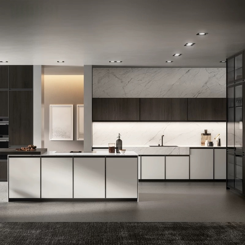Muebles de cocina de isla de acero inoxidable y contrachapado de lujo para villa, apartamento y hotel