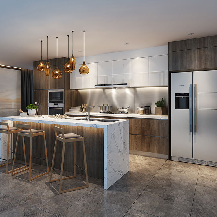 Muebles de cocina de diseño moderno para armarios de cocina de chapa de madera
