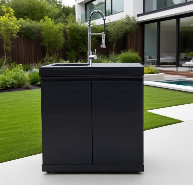 Cocina moderna al aire libre con encimera de mármol negro, gabinete de acero inoxidable con grifo y fregadero