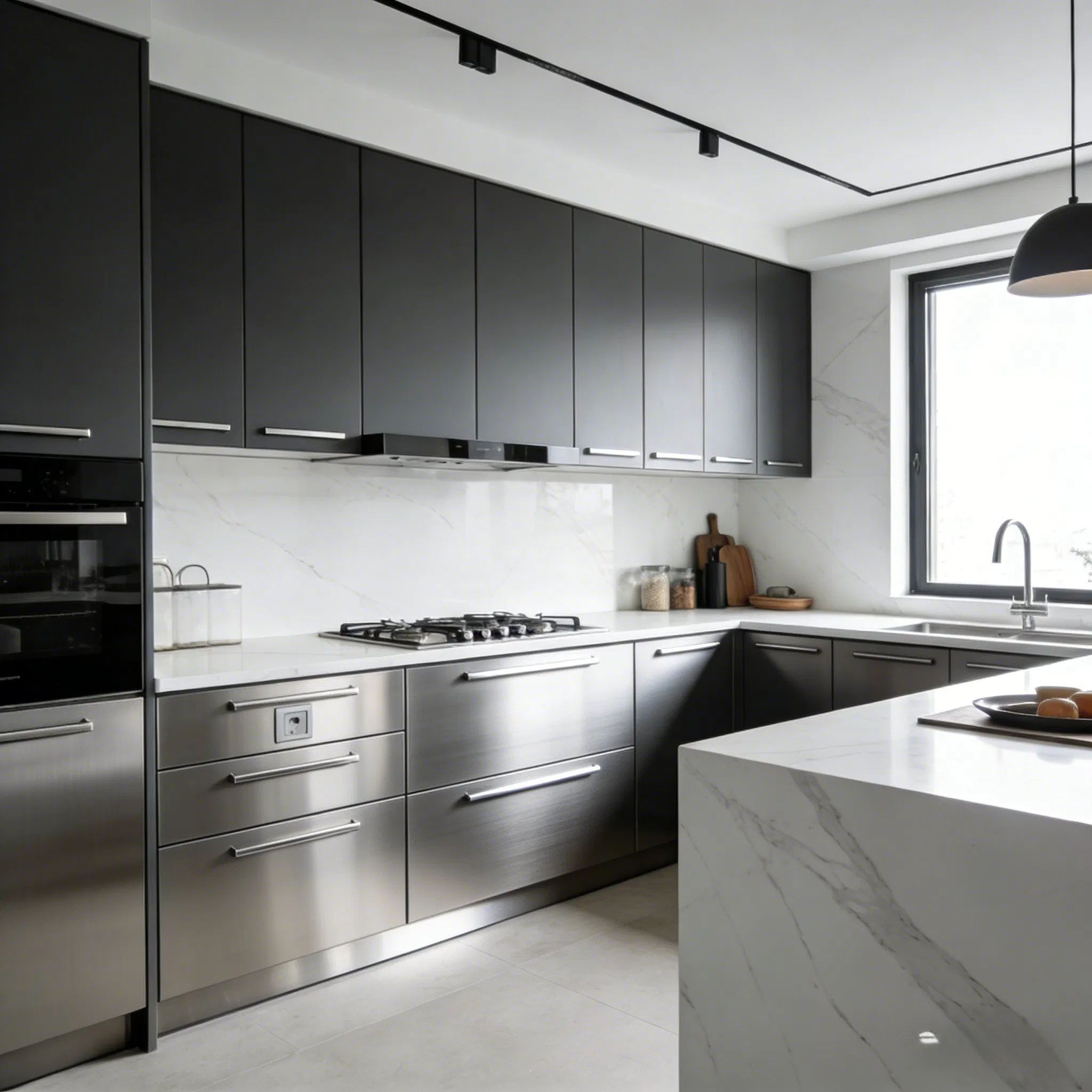 Gabinetes de cocina modernos en gris oscuro con acentos de acero inoxidable, encimera de mármol e isla