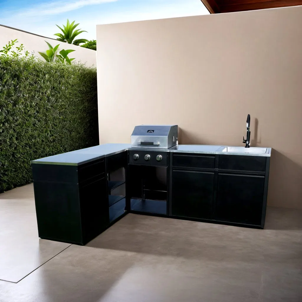 Cocina de barbacoa modular moderna de acero inoxidable con gabinete en forma de L para jardín al aire libre