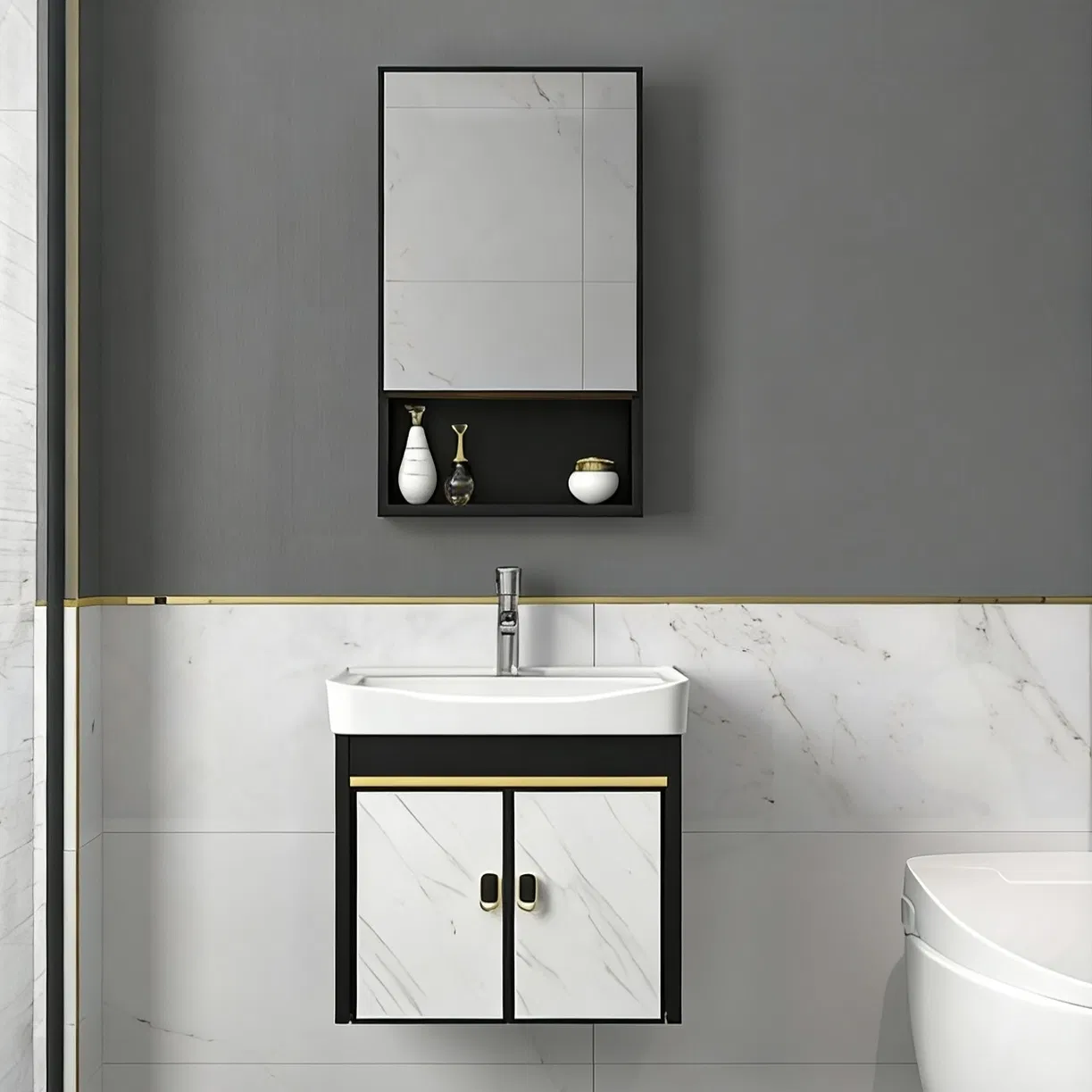 Diseño de lavabo de esquina compacto maximiza el espacio en un gabinete de baño eficiente