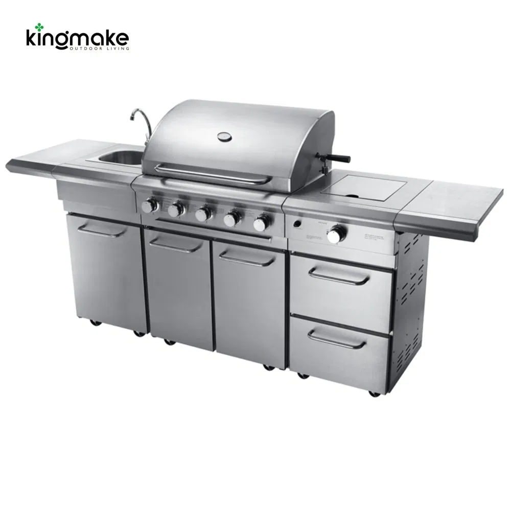 Proveedor de parrillas de isla de cocina al aire libre personalizada de acero inoxidable moderno, muebles de jardín impermeables