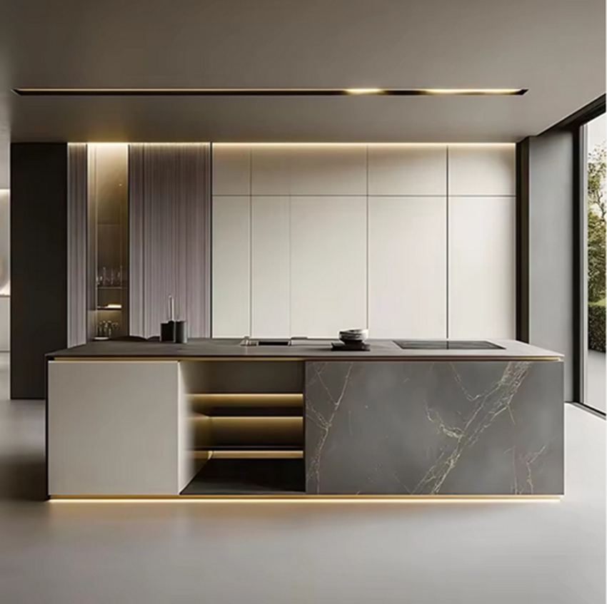 2025 Proveedor de Conjunto de Gabinetes de Isla de Cocina Modular Completo Muebles Modernos de Madera Pintura de Laca Amarilla Gabinete de Cocina