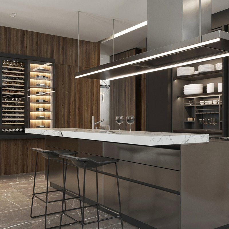 Muebles de cocina de lujo al por mayor, puertas de vidrio modernas de madera maciza con acabado brillante, encimeras de acero inoxidable, isla de exhibición, bisagra de gabinete