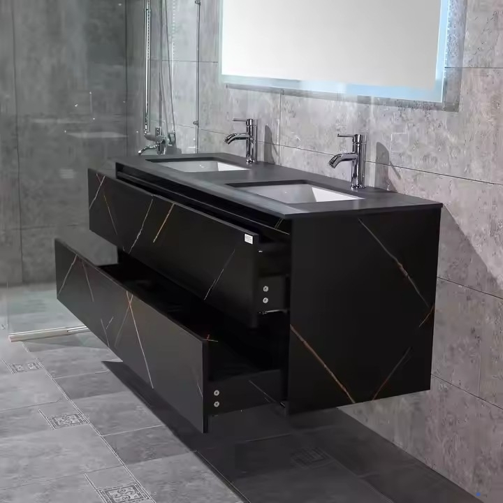 Espejo de armario de hotel de piedra sinterizada resistente al ácido, acero inoxidable y vidrio, lavabo de baño montado en la pared de alta calidad